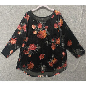 Calessa Crushed Velvet Tunic Womens Sz 2X‎ Black Red Floral Stretch